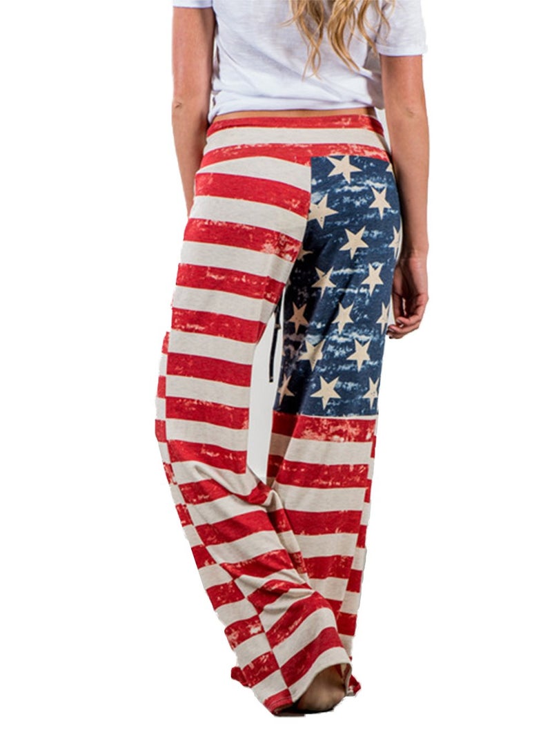iChunhua Women's American Flag Floral Drawstring High Waist Wide Leg Pants(XL,Multicoloured) - Image 3